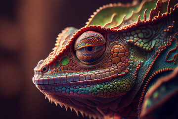 chameleon's head and neck, the intricate patterns and textures of its skin captured in perfect detai