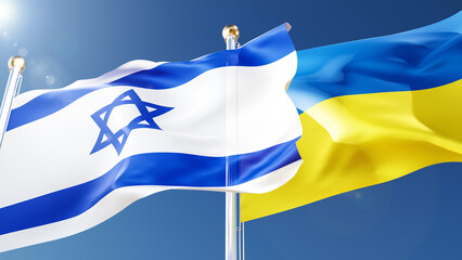 Wall Mural - ukraine and israel flags waving in the wind against a blue sky. ukrainian, israeli national symbols 3d rendering