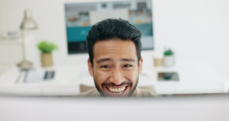 Sticker - Happy businessman, success or fist on computer with wow or yes face expression in creative startup deal, goals or target. Smile, excited or winner worker with hands gesture on office technology sale