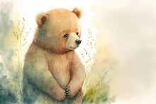 Watercolor Brown Bear Sitting In The Grass. Cute Fluffy Teddy Bear. Cartoon Illustration. Generative AI