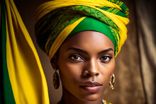 Portrait Of Stunning And Beautiful Woman, Dressed In Turban And Ethnic Clothes Representing Pan-African Flag. . High Quality Illustration