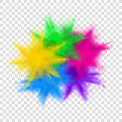 Template of colorful powder explosion. Vector illustration of colorful powder explosion isolated on checkered background. Template for decoration of Holi festival. Symbol of Holi festival.