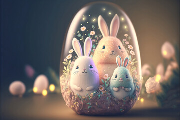 Adorable whimsical Rabbit and Easter egg in pastel colors, magical sparkling flowers background, generative ai