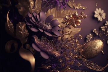 Canvas Print -  a close up of a purple and gold floral arrangement on a purple background with a gold egg and a gold brooch on the side.  generative ai