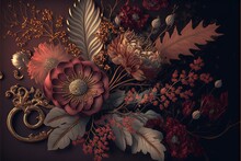  A Painting Of Flowers And Leaves On A Black Background With A Gold Ring In The Middle Of The Picture And A Gold Ring In The Middle Of The Picture.  Generative Ai