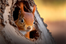 Red Squirrel Peeking Behind The Tree Trunk