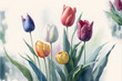 a painting of tulips in a vase with watercolors on a white background with green leaves and a white background with a blue border.  generative ai