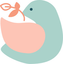 Vector 70s Cute Dove Spring Bird With Branch In Beak. Groovy Hippie Funny Boho Pastel Palette. Great For Fabric, Giftwrap, Scrapbooking, Packaging, Poster, Card