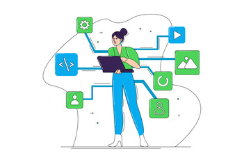Wall Mural - digital business blue and green concept with people scene in the flat cartoon design. manager enters