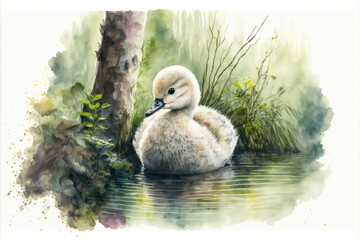 Poster - Cute cygnet in the swamp. Watercolor painting of cute young swan animals. Generative AI