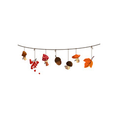 Wall Mural - Autumn garland with mushrooms and leaf. Vector illustration of fall garland. Cartoon garland with mushrooms and sprigs with acorns isolated on white. Thanksgiving decor concept