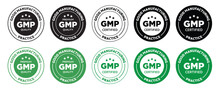 GMP Or Good Manufacturing Practice Rounded Vector Icon Set In Black And Green Color	
