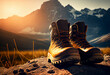 shabby trekking boots stand on top of a mountain.