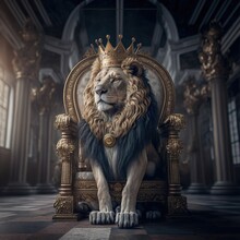A Lion Wearing A Crown In The Old Castle. Generative AI