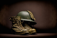 Old Army Helmet And Boots