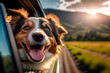 happy dog with head out of the car window having fun, generative ai