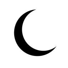 New Thin Moon. Half Moon In Night Sky. Black Crescent Isolated On White Background. Icon New Moon. Simple Shape Outline. Silhouette Graphic Element. Logo Sleep. Moonlight Clipart. Vector Illustration