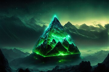 Landscape with green crystal pyramid and mountains in the background. Generative AI