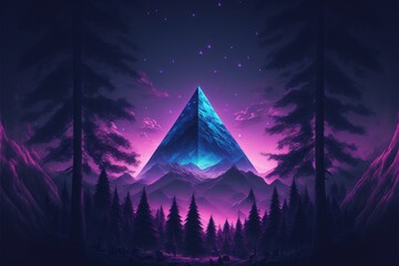 Canvas Print - Landscape with purple crystal pyramid and mountains in the background. Generative AI