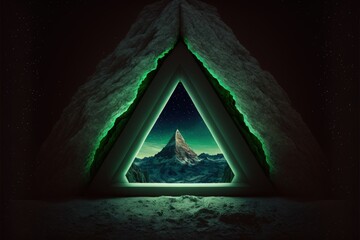 Wall Mural - Triangle shaped green crystal mystical portal, fantasy concept. Generative AI