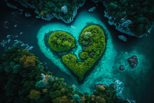 Heart Shaped Green Island In The Middle Of The Ocean, Generative Ai