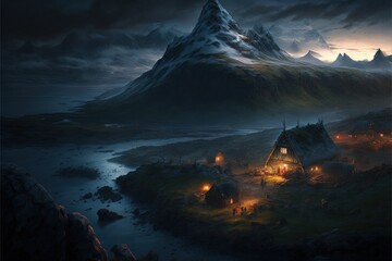 Night landscape of a viking village with mountains, river and rustic houses. Generative AI