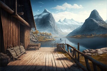 Wall Mural - Viking village landscape with mountains, river and rustic houses. Generative AI