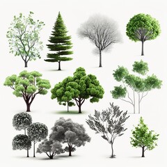 Collection Beautiful 3D Trees Isolated on white background , Use for visualization in architectural design or garden decorate leaf nature different set branch green canopy forest