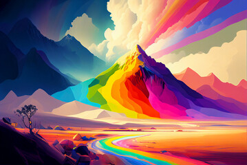 Wall Mural - rainbow colored mountain landscape scenery wallpaper, created with generative ai