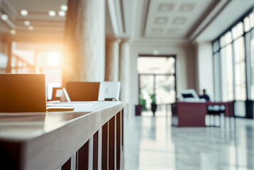 Blurred background of bright bank hallway with check desk, columns and shining warm sunlight.