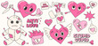 Trendy y2k anti valentines day stickers set. 2000s anti love conception. Cartoon characters. Trendy neon pink