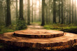 Wooden round pedestal in the green forest 3d illustration, scenery of empty product podium in natural environment, green trees around, mystical mood