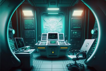 a laboratory in the interior of a spaceship and an empty podium for the presentation of a cyberpunk 