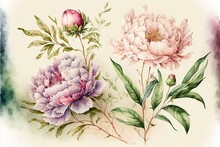 Luxurious Light Peony Flowers In Watercolor Painting Style. Botanical Background Or Wallpaper Design. AI