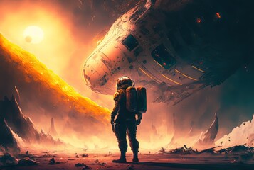 Wall Mural - illustration of an astronaut with burning crashing aircraft in front of him or her, generative ai