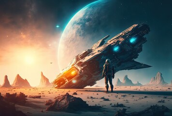 Wall Mural - illustration of an astronaut in space battlefield, idea for sci-fi and space punk background wallpap