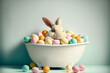 © eyetronic - Cute easter bunny with many easter eggs. Generative AI.
