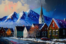  Paint Like Illustration Of Rural Village And Snow Peak Mountain As Background, Generative Ai