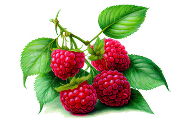 Red berries of ripe raspberries with green leaves, watercolor drawing on a white background. Generative AI.