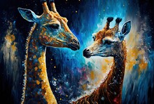 Paint Like Illustration Of Smiley Animals With Color Splash Oil Painting Style, Giraffe , Generative Ai