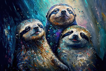 Wall Mural - paint like illustration of smiley animals with color splash oil painting style, sloth, generative Ai