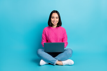 Sticker - Full length photo of adorable pretty lady wear pink pullover typing modern device isolated blue color background