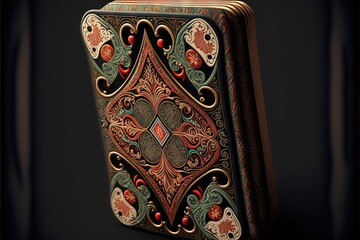  a decorative metal box with a red and blue design on it's side and a black back ground with a black back ground and a black background.  generative ai