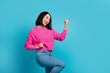 © deagreez - Profile photo of delighted cheerful person raise fists achieve accomplishment isolated on blue color background