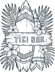 Wall Mural - Hawaii surf for tiki bar. Traditional ethnic surfing of hawaiian, maori or polynesian. Old tribal board