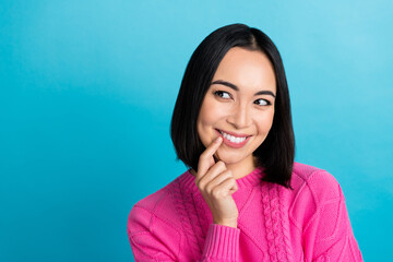 Canvas Print - Photo portrait of cute charming japanese woman wear pink knitwear bite finger lovely looking mockup new salon isolated on blue color background