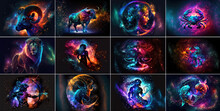 Set Of Zodiac Signs Against Space Nebula Background. Astrology Calendar. Esoteric Horoscope And Fortune Telling Concept. Created With Generative AI