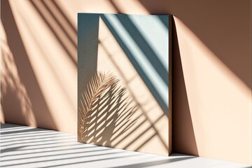  a painting of a palm tree casts a shadow on the wall of a room with a pink wall and a shadow of a palm tree on the wall.  generative ai