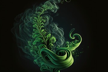  a green plant with a swirly design on it's back side and a black background with a green swirl on it's side.  generative ai