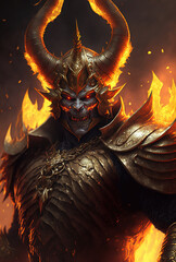 Demon king in golden armor, game character, hellfire on background, art illustration 